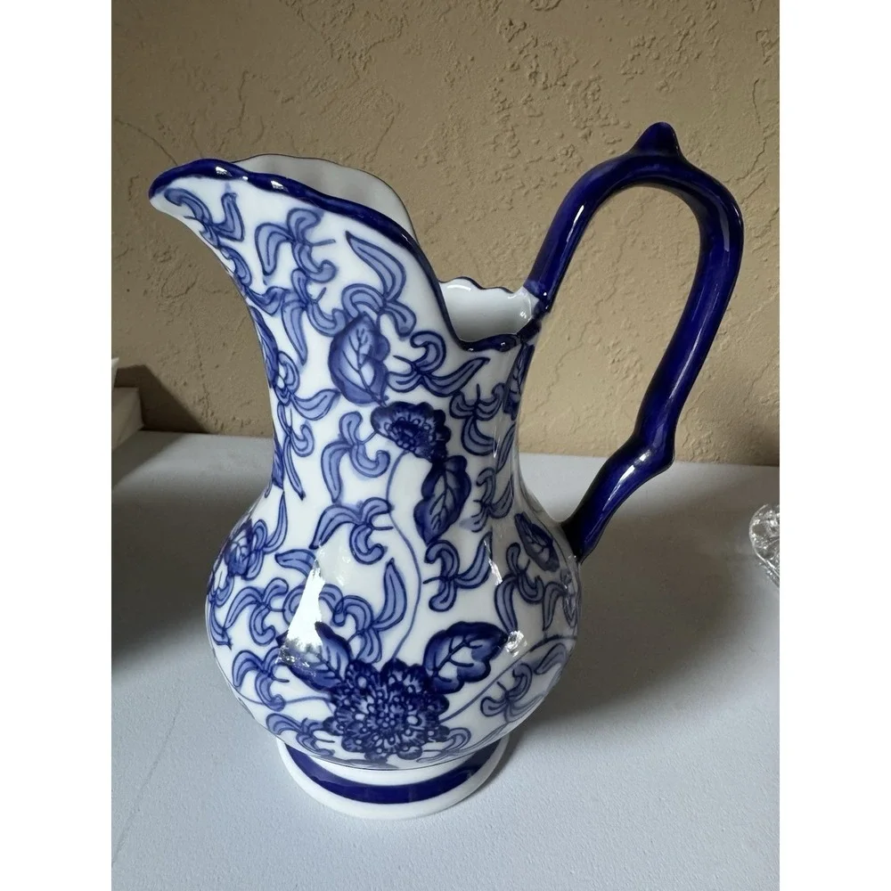 Vintage Blue And White Ceramic Pitcher Floral Chinoiserie Twig Handle 7 in Vase